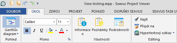 Seavus Project Viewer - průvodce pásy s kartami Karty Úkoly Na pásu s kartami Úkoly jsou příkazy, které se vztahují k úkolům v projektovém plánu.