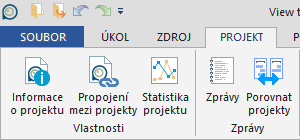 Karty Projekty První skupina na pásu s kartami Projekty obsahuje příkazy, které umožňují uživateli zobrazit hlavní informace o projektu.