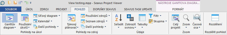 Obrázek 13. Skupina Zprávy na pásu s kartami Projekty Pro prohlížení a analýzu různých parametrů projektu můžete v aplikaci Seavus Project Viewer použít funkci zprávy.