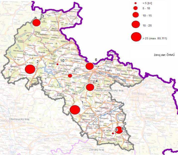 vyjmenovaných zdroj s nejvyššími emisemi tuhých znečišťujících látek, stav roku 2011, zóna