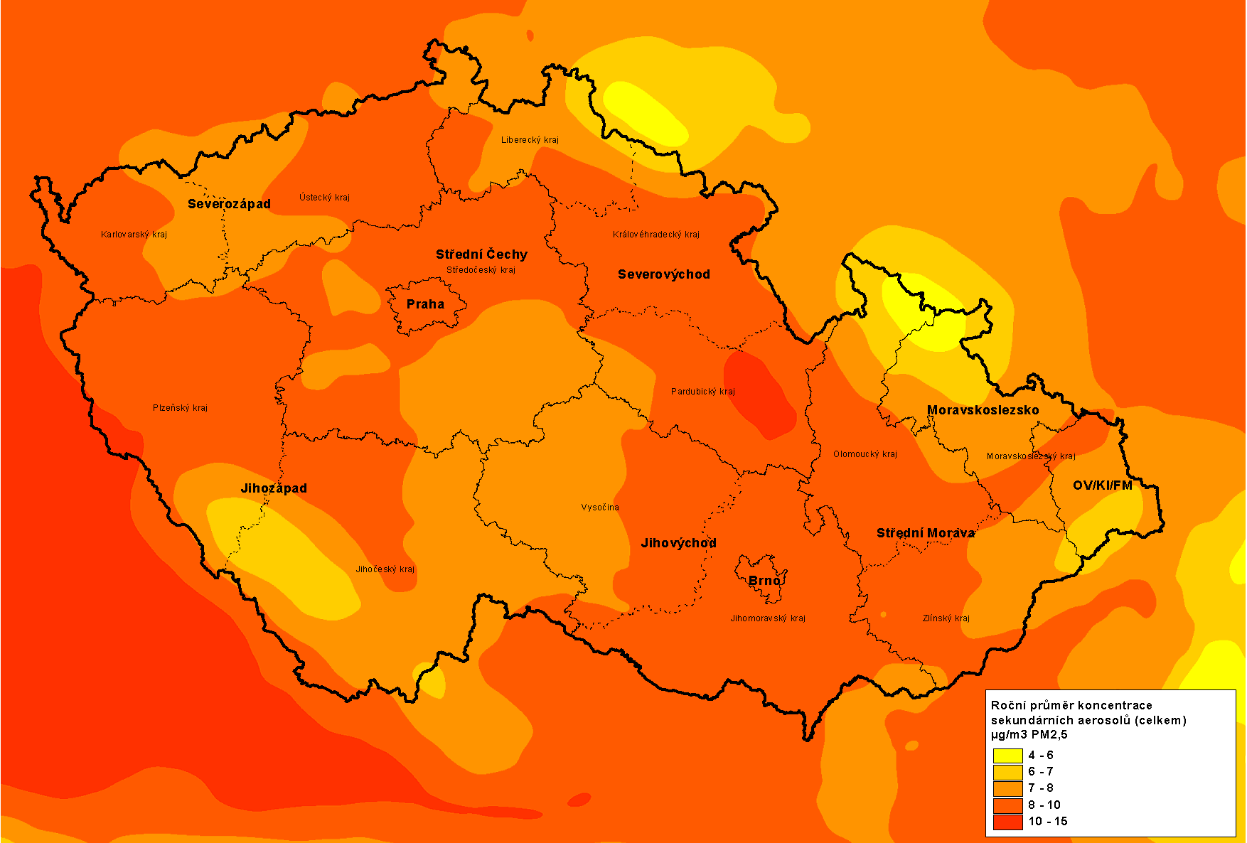 Modelové pole imisních píspěvků sekundárních aerosolů k průměrným ročním koncentracím suspendovaných částic uvádí Obrázek 44Ś a Obrázek 45Ś.