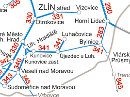 Železniční doprava Železnice prochází rovněž ze západu na východ - železniční trať č. 340 Brno Vlárský průsmyk (v úseku Šumice, Nezdenice, Záhorovice, Bojkovice, Pitín a Hostětín).
