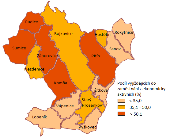 Obrázek 15 - Vyjížďka do zaměstnání v MAS Bojkovska Zdroje dat: SLDB 2011, vlastní zpracování Nezaměstnanost Nejnižší celková míra nezaměstnanosti v obcích MAS byla zaznamenána v roce 2008 (10,4 %).