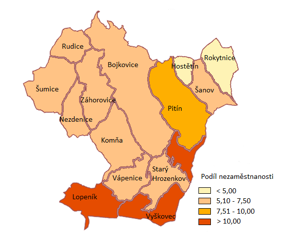 Obrázek 16- Podíl nězaměstnanosti v obcích MAS Bojkovska k 30. 6.