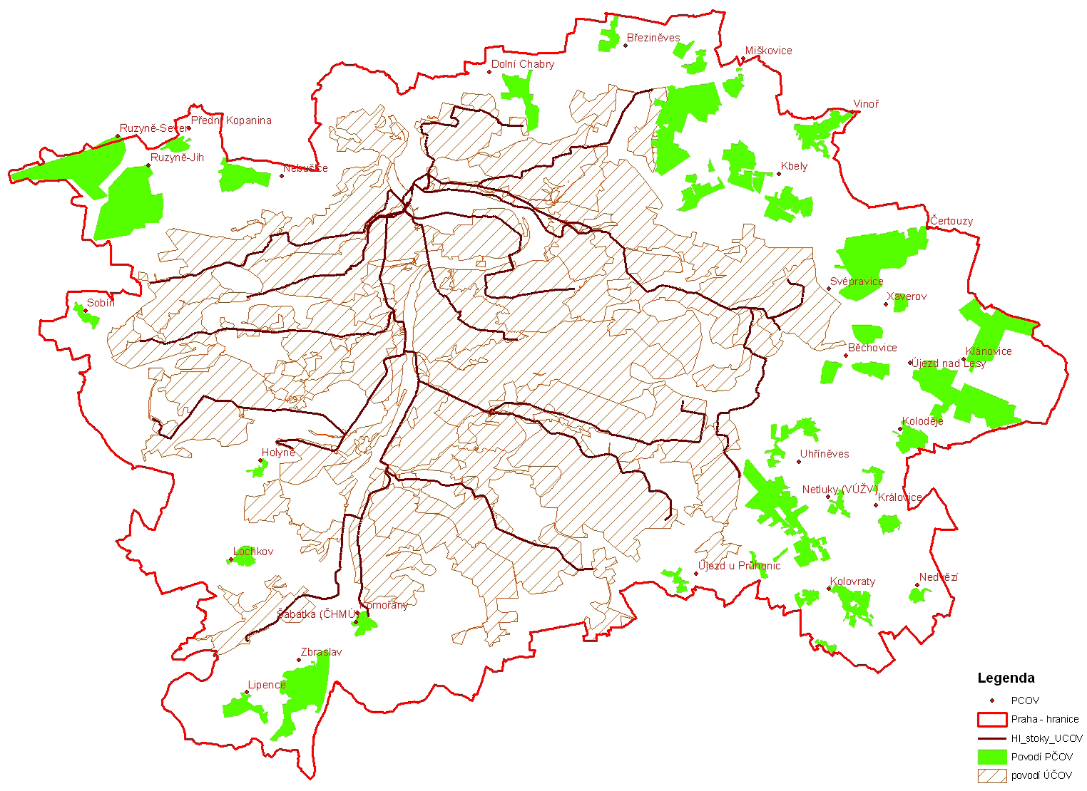 VODA B2 Obr. B2.3.1 Mapa Prahy s povodím ÚČOV Praha a povodími pobočných ČOV Legenda PČOV Hranice hl. m. Prahy Hlavní stoky ÚČOV Povodí PČOV Povodí ÚČOV Zdroj: PVS, a. s. Tab. B2.3.4: Technické a provozní údaje o odvádění a čištění odpadních vod v hl.