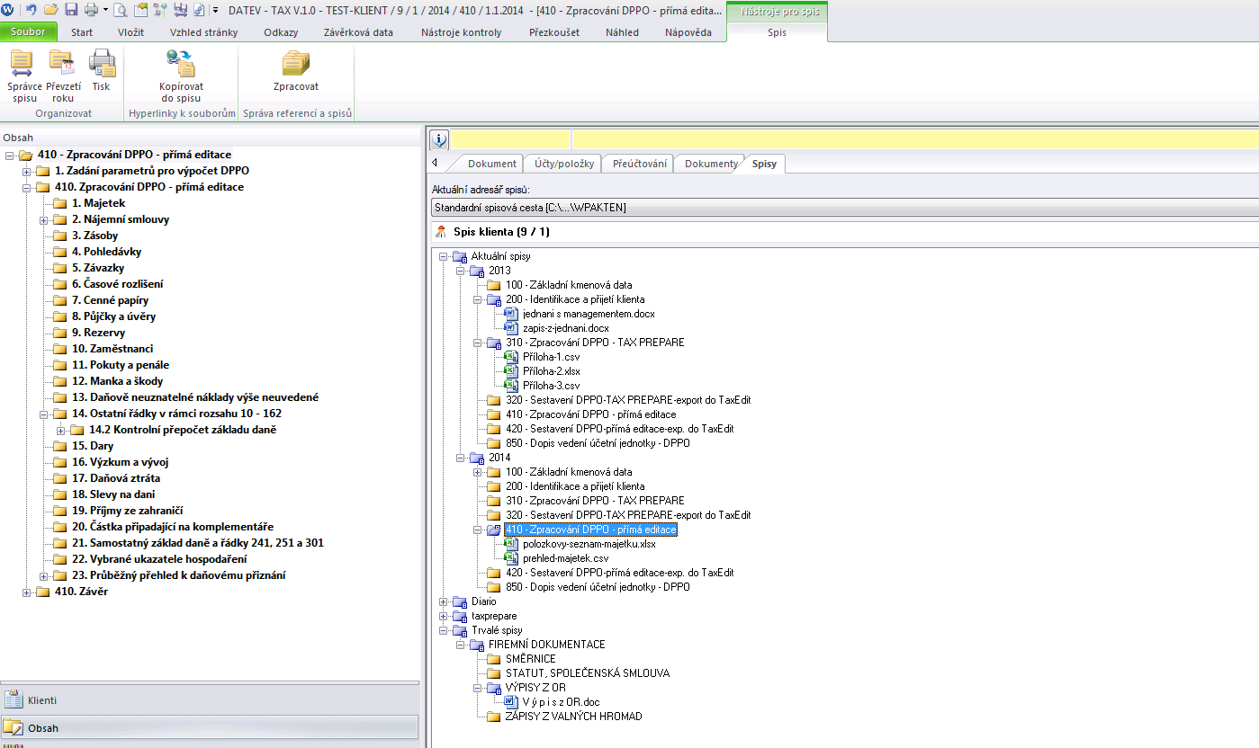 Aktuální zpracovávaná dokumentace jednoho klienta za dva roky, včetně stavu rozpracovanosti umožněno rychlé listování mezi dokumenty.