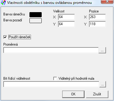 3.6 Obdélník s barvou ovládanou proměnnou Velikost Udává velikost obdélníku v obrazových bodech (minimální hodnota je 8) Barva rámečku Nastavuje barvu ohraničení obdélníkové plochy Barva pozadí