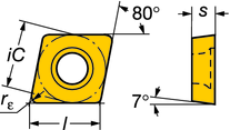 Břitové destičky - Pokročilé řezné materiály Břitové destičky s pozitivní geometrií Břitové destičky s pozitivní geometrií - CoroTurn 107 Kosočtvercové 80 CCW K N H CB C C CB CB CB Poznámka!