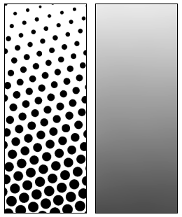 Halftoning polotónování opět využití prostorové integrace prováděné lidským okem simulace stupně šedi pomocí mřížky bodů různé velikosti fotografické polotónování vynalezeno