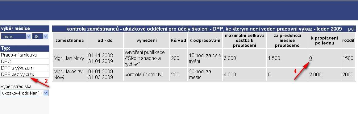 II. Vložení částky k vyplacení u DPP bez výkazu vedeného aplikací PersonIS 1) Stejně jako u kontrol pracovních výkazů vyberte v hlavním menu položku kontrola zaměstnanců.