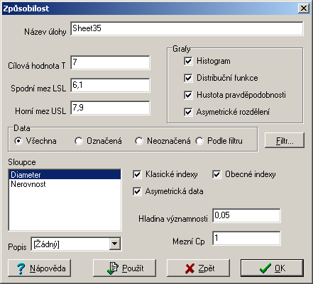 Obrázek 1 Dialogový anel ro Zůsobilost c USL LSL min USL x, x LSL, c, 6 k 3 c m USL 2 LSL x 2 6 T USL LSL 6 1 d min USL x, x LSL 3, k, 2 n i2 x i x n1 i1 n 1, 2 xi x, d 2 = 1,128 n 1 i1 m 2 LSL x 2