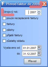 Převod dat do roku 2008 Jakmile pracujete v evidenci roku 2008 (tzn. přepnuli jste se do roku 2008 výše popsaným postupem), můžete provést převod dat z předchozího roku.