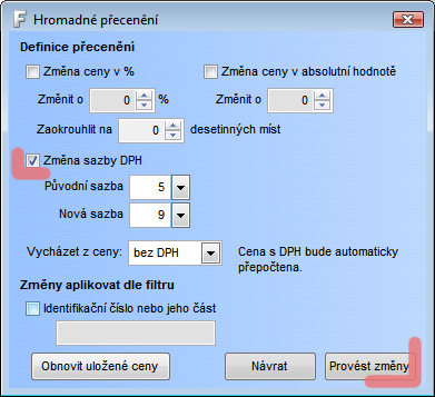 Změnu snížené sazby pro celý ceník (tedy tam kde byla použita sazba 5%) provedete tak, že zatrhnete volbu Změna sazby DPH a Původní sazbu DPH nastavíte na 5 a Novou sazbu DPH nastavíte na 9.