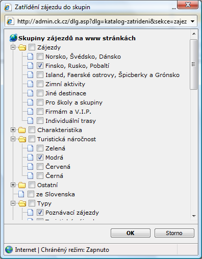 2.9. Zatřídění do skupin Každý zájezd můžete zařadit až do 5 různých tematických skupin. Jednoduše zaškrtněte ty nejvhodnější. Pozn.: v přehledu zájezdů bude zobrazena jen první zvolená skupina.