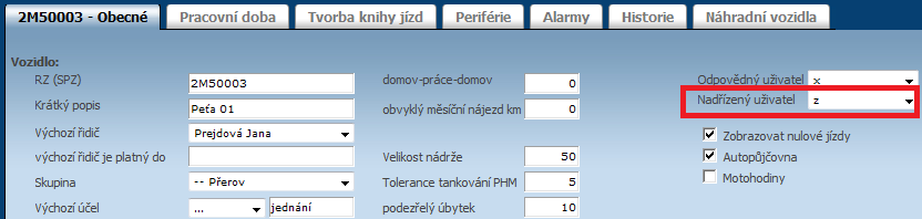 Upozornění: Je třeba, aby byl v Nastavení/Vozidla tento nadřízený uživatel uveden.