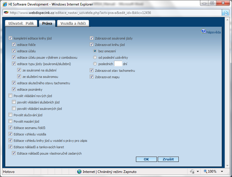 Záložka Práva obsahuje zaškrtávací políčka, kterými lze jednotlivým uživatelům přiřadit práva, podle kterých pak mohou editovat knihu jízd, zadávat náklady, Položka Zobrazovat soukromé jízdy umožní