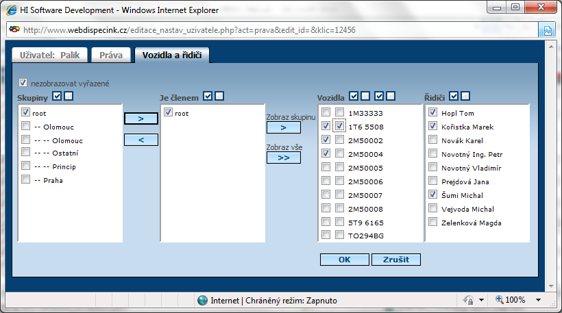 Práva ). Proto jsou v sekci vozidla dva sloupce zaškrtávacích políček. Lze také přiřadit pomocí šipek uživateli další podskupiny a pole toho zobrazovat vozidla a řidiče.