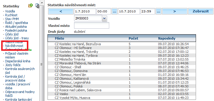 4.39 Statistika Vlastní místa V této statistice se zobrazují všechny návštěvy vozidla ve zvoleném vlastním místě, za předpokladu, že v tomto místě došlo k ukončení jízdy. 4.