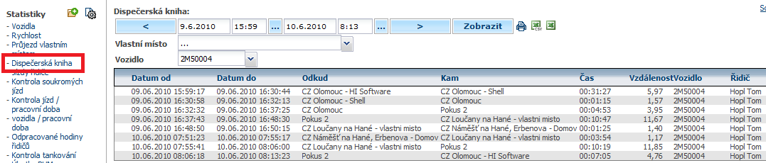 4.43 Statistika Průjezd vlastním místem Tato statistika na rozdíl od například statistiky Vlastní místa zobrazuje výskyt vozidla v lokalitě vlastního místa i tehdy, pokud tam vozidlo neukončí jízdu.