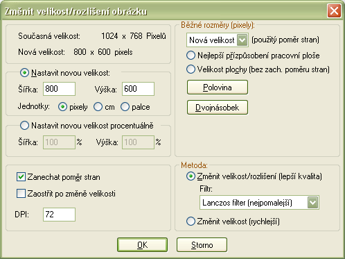 Editor obrázků IrfanView Změna velikosti obrázku Pro internet je třeba uložit obrázky v přiměřené velikosti, např. 800x600px, kdy se velikost souboru pohybuje okolo 70kB.
