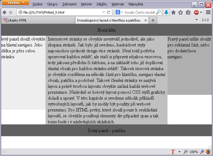 Obr. 19 Příklad layoutu se třemi sloupci,