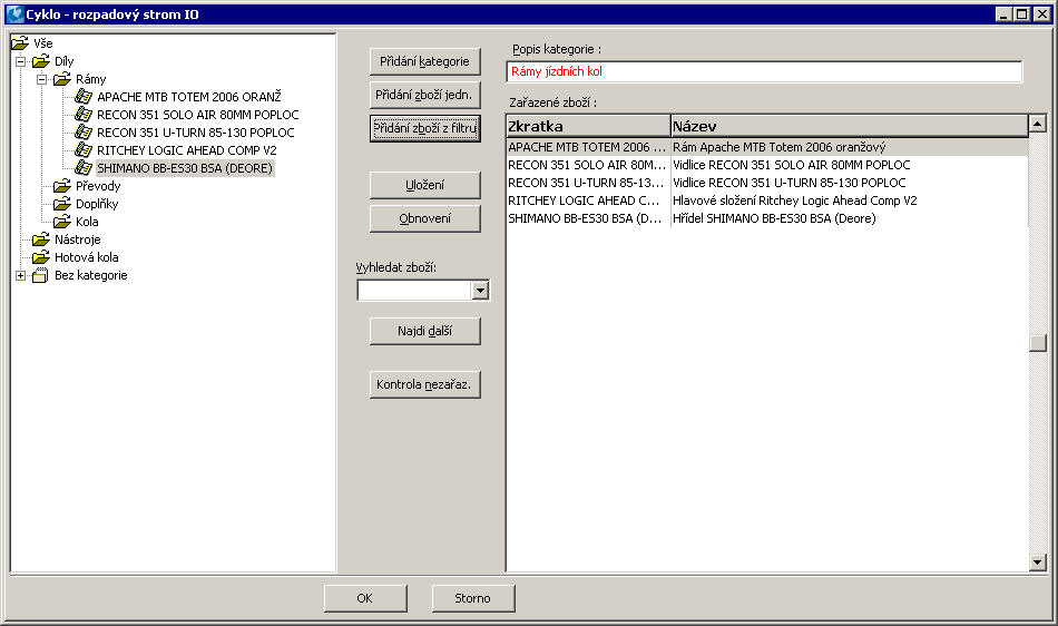 Obr.: Vytvořený rozpadový strom IO Nyní kategorie naplníme. Vzhledem k roztřídění zboží podle tohoto údaje můžeme využít hromadné vkládání.