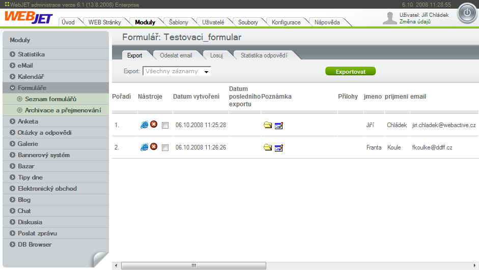 Mdul Frmuláře Mdul pr prhlížení a exprt frmulářvých dat zaslaných prstřednictvím webvých frmulářů vytvřených prstřednictvím příslušné pdpry v editru WebJETu.