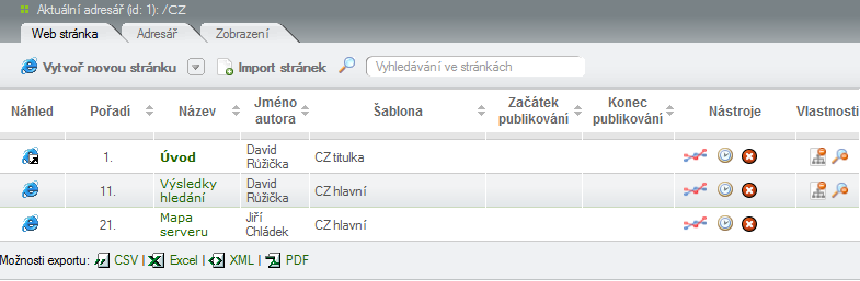 Seznam stánek Bx pr vyhledávání ve stránkách. Seznam stránek vybranéh adresáře. Tučně je zbrazen standardní dkument.