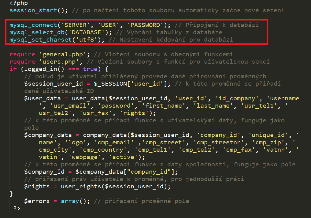 Technická dokumentace Konfigurace Konfigurace webové aplikace se nachází ve složce core v souboru init.php (/core/init.php).