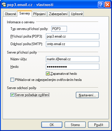Krok 5: Zadat jména serverů (tyto informace najdete vždy u svého mail serveru, obvykle v sekci nápověda) Krok 6: POP služby vyžaduje nastavení jména schránky a hesla Krok 7: Nyní se