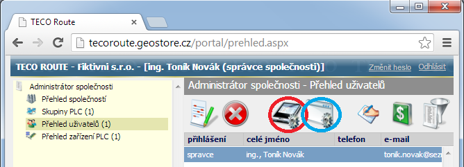 Nově založený uživatel se objeví v přehledu uživatelů. Nyní je třeba přidělit uživateli PLC, ke kterým bude oprávněn přistupovat a aplikace, které bude oprávněn používat.