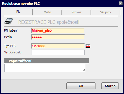 Poté se zobrazí dialog Registrace nového PLC.
