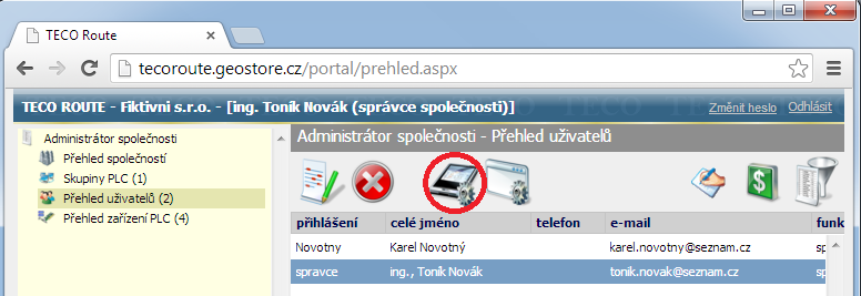 V tomto případě bude mít uživatel ing. Novák Toník právo přístupu k PLC systémům fiktivni plc1 a fiktivni plc2 (protože je zaregistrován ve skupině Slovensko ).