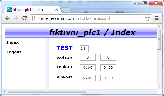 Jméno a heslo v tomto dialogu musí odpovídat nastavení provednému nástrojem WebMaker v prostředí Mosaic. Po přihlášení k web serveru PLC se zobrazí úvodní stránka z PLC.