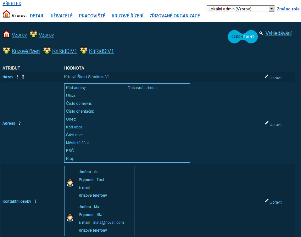 Údaj složky krizového řízení změníte po kliknutí na odkaz Upravit v pravé části obrazovky. Při editaci seznamu kontaktních osob se zobrazí seznam všech vytvořených uživatelů.