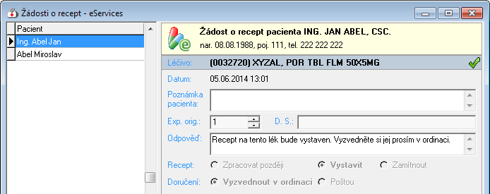 4.2 Žádosti o recept Žádost pacienta o předepsání léku na recept je signalizována obecným upozorněním zvolte Žádosti o recept. Číslo u této položky značí počet žádaných léků.