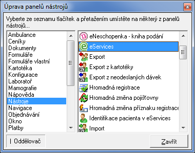 1 Ovládací ikony Pro snadnější ovládání služby, doporučujeme přidání dvou základních ikon do panelu nástrojů. Jedná se o ikony informující o stavu služby a stavu registrace pacienta.