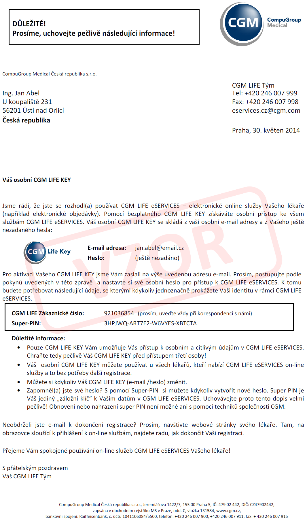 4) CGM LIFE KEY - tisk přístupových údajů 1)