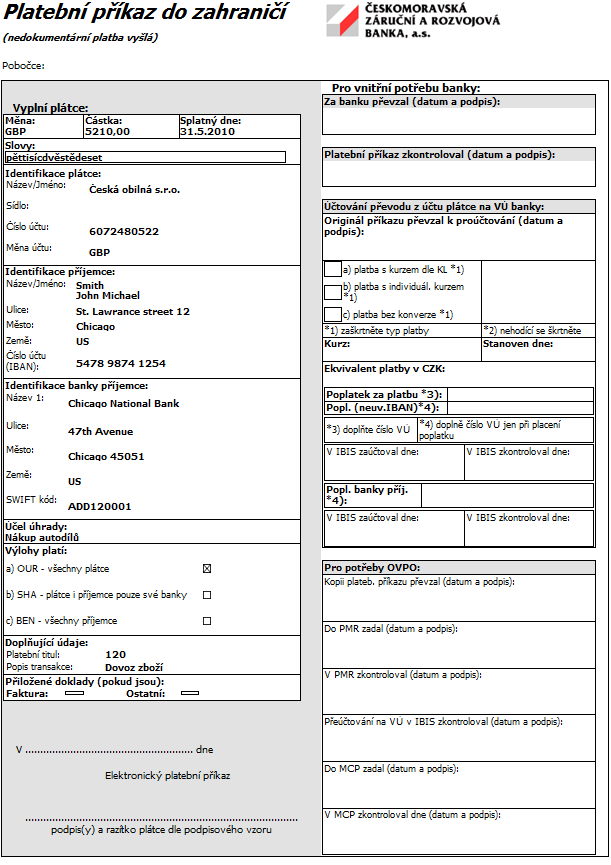 Obrázek 54 - Tiskové zobrazení platebního příkazu do zahraničí 3.10.