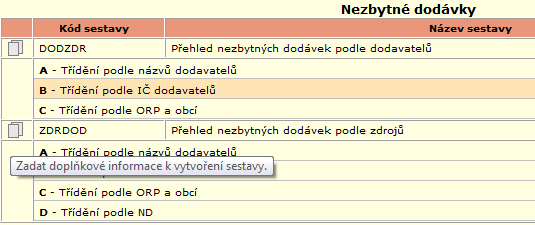 Generování sestavy spustíte tak, že klepnete na název zvolené sestavy a pak v záhlaví stránky na odkaz Vytvořit sestavu.