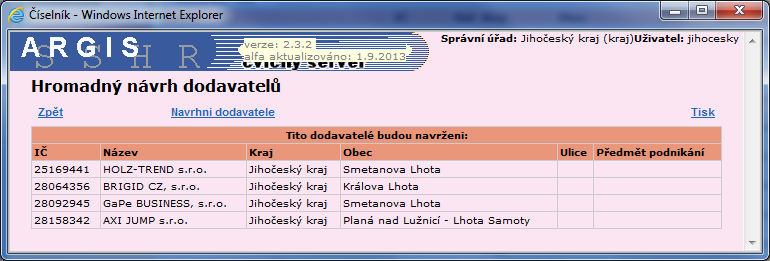 Dostupné odkazy: Zpět zavře číselník bez výběru. Navrhni vybrané dodavatele navrhne všechny zaškrtnuté dodavatele z této obrazovky. Zaškrtni vše zaškrtne všechny dodavatele v seznamu.