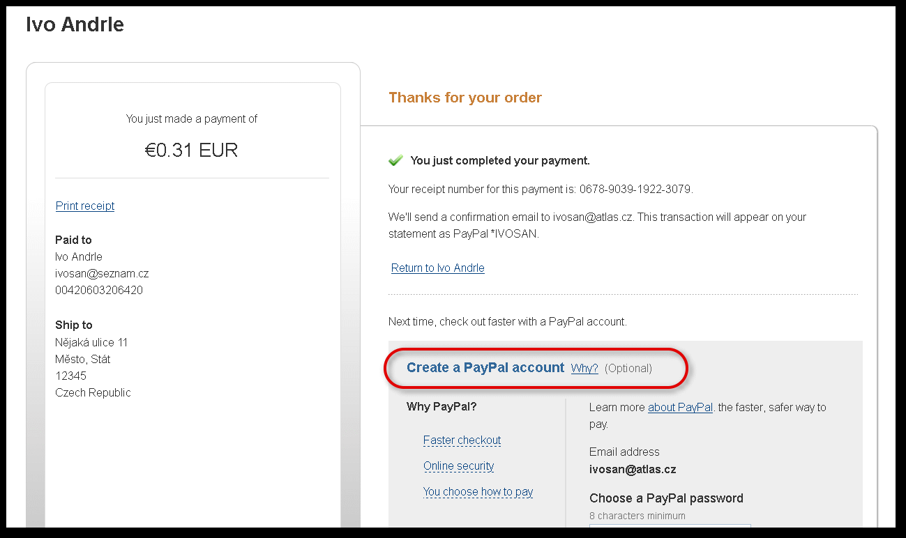 16 Po vyplnění a odeslání zobrazí PayPal shrnutí: Po potvrzení platby PayPal