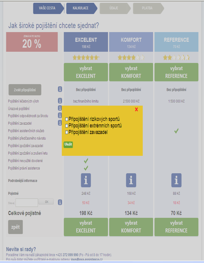 4. Kalkulace pojistného a výběr pojistného programu v tomto kroku se uživateli zobrazí pojistné programy (REFERENCE, KOMFORT, EXCELENT) včetně základní informace o pojistných limitech a obsahu