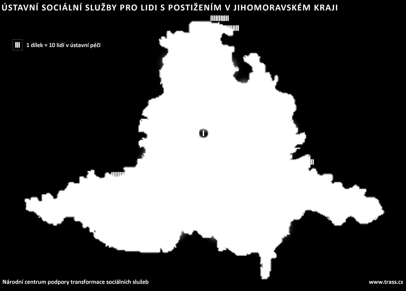 o o o o Brno, kde jsou soustředěna zařízení s vysokou kapacitou (Střelice, Chrlice, Kociánka); Velké Opatovice (Paprsek) a Šebetov; Kyjov (Domov Horizont); Břežany (Zámek Břežany), Tavíkovice (Domov