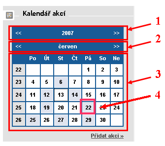 1 Základní podoba kalendáře Kalendář v základní podobě zobrazuje aktuální rok (1), měsíc (2) a rozpis dní v týdnu (3).