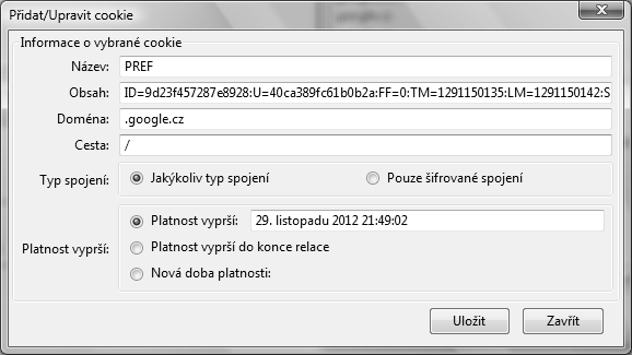 Útoky XSS 213 Editace cookie v AnEC Cookie Editoru Kromě ochrany spočívající v přidání příznaku httponly ke cookie, je více než vhodné kontrolovat také IP adresu, ze které přichází jednotlivé