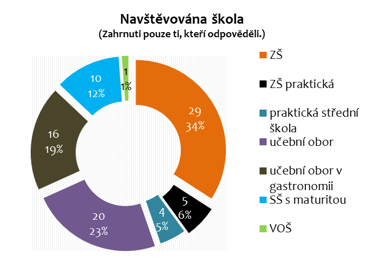 VZDĚLÁNÍ DOTÁZANÝCH MLADÝCH Větší část z dotázaných mladých lidí tvořili středoškoláci, nicméně základní školu stále navštěvovalo čtyřicet procent dotázaných (nicméně u 20 procent nebyla navštěvovaná