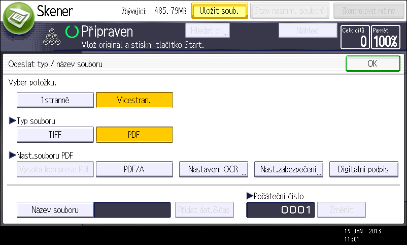 6. Skenování Zadání typu souboru Tato část popisuje postup zadávání typu souboru, který chcete odeslat.