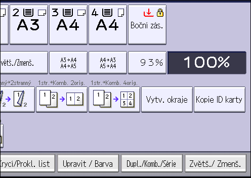3. Kopírování CKN074 Existuje 6 typů oboustranné kombinace. 1stranně 4 originály Komb. 2str. Zkopíruje čtyři jednostranné originály na jeden list se dvěma stránkami na každé straně.