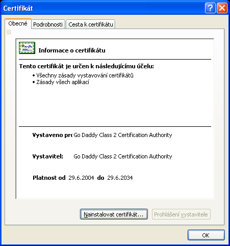 Certifikáty Pro bezpečné spojení Vašeho počítače se serverem ČMIS je nutné do Windows XP nainstalovat certifikáty. o Pro nainstalování certifikátů klikněte na tento a tento odkaz.